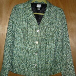Chico's Vintage Womens Plaid Blazer Green Multi Front Pockets Size 8 Medium